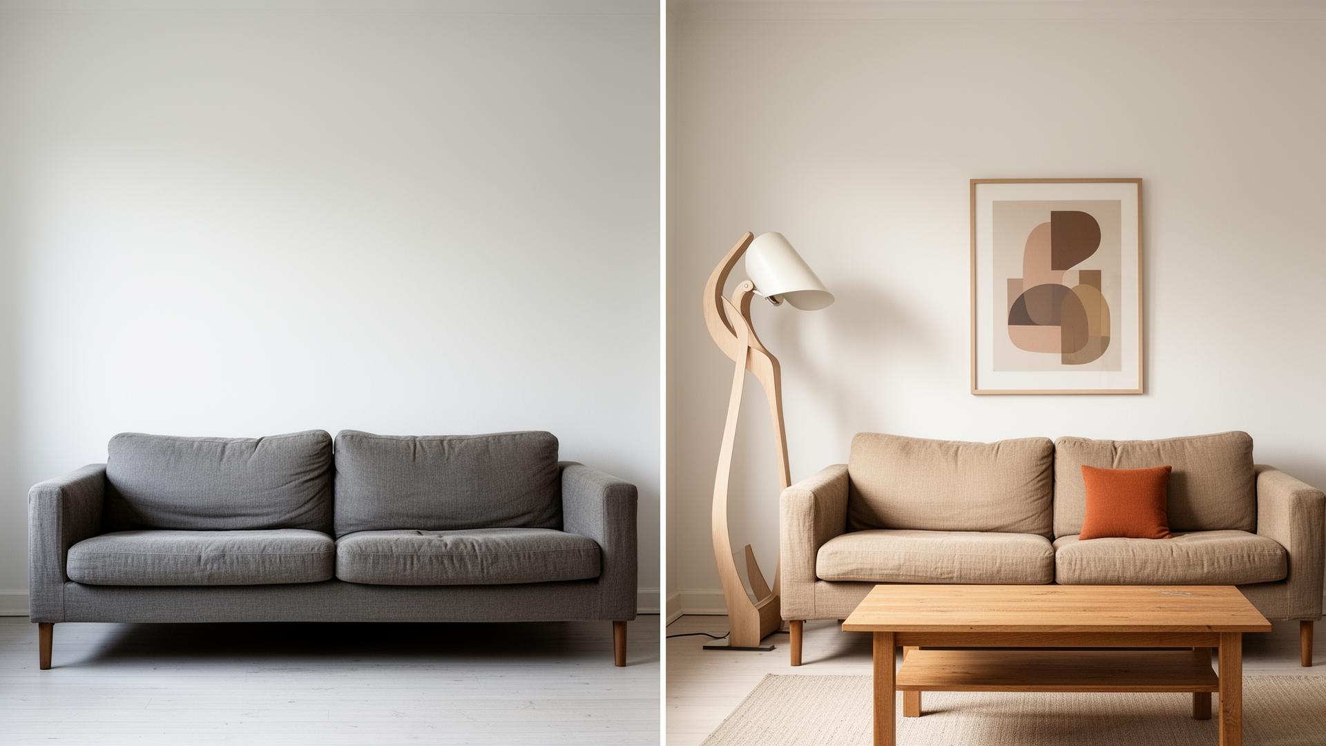 Ett enkelt grått soffrum blir ett varmt stylat vardagsrum med soffbord i ek, skulptural golvlampa och orange accentkudde
